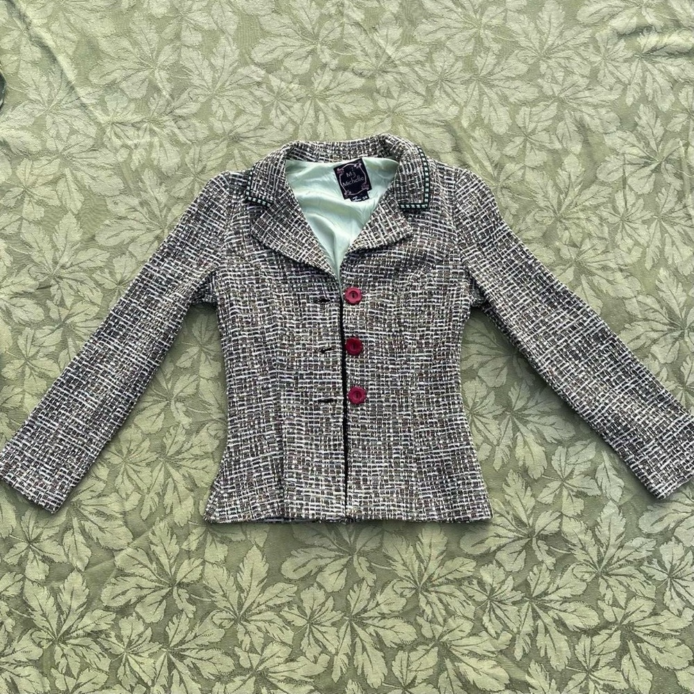green brown and white tweed blazer with red buttons!